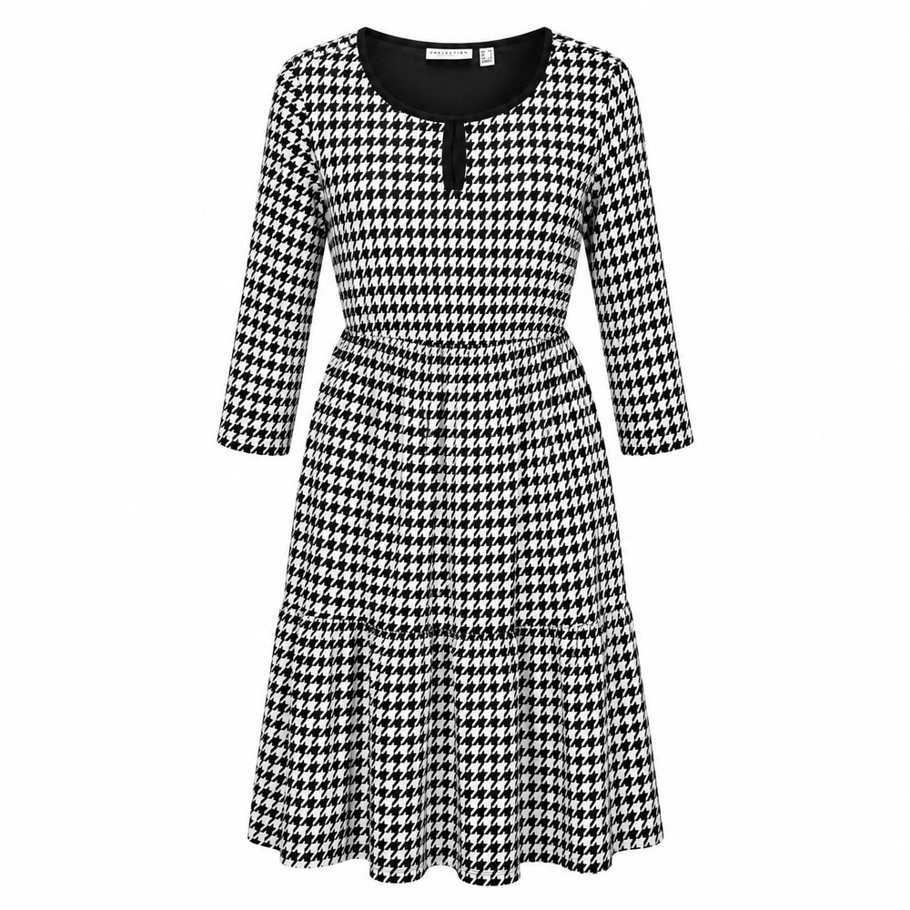 Susan Graver Dark Academia Houndstooth Tiered Dress Womens M Preppy Mod Chic